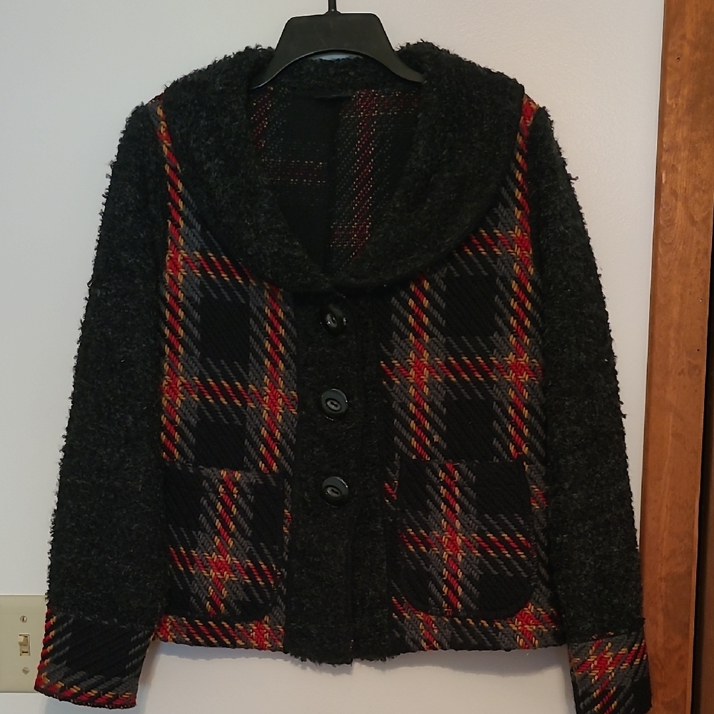 Coco & Carmen Black Plaid Knit Button Front Jacket SZ L